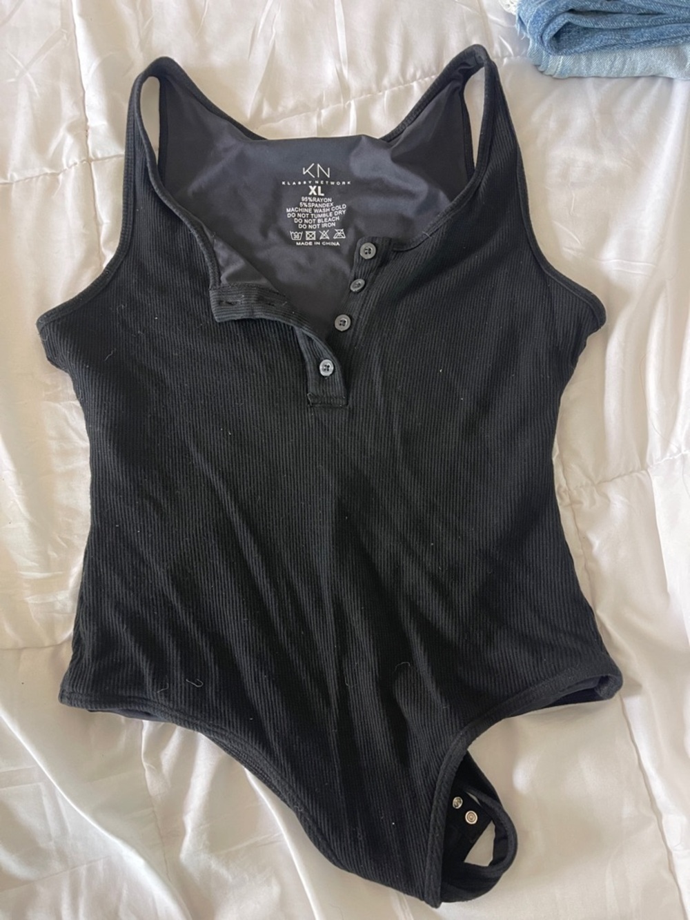 KN Klassy Network Collection Black Ribbed Henley Bodysuit - Size XL